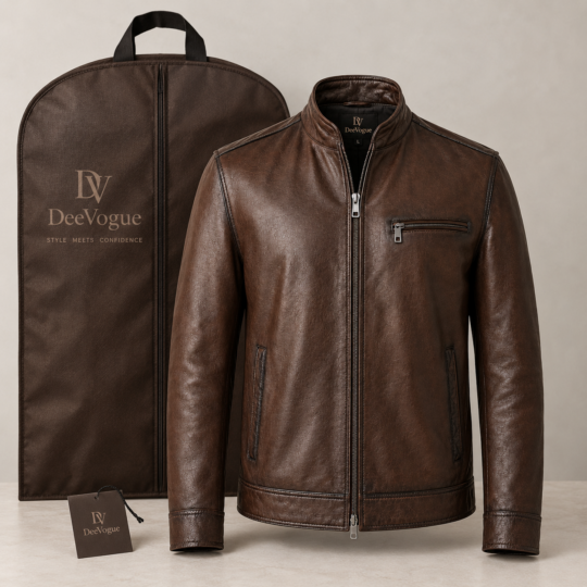 DeeVogue | Men's Brown Leather Bomber Jacket